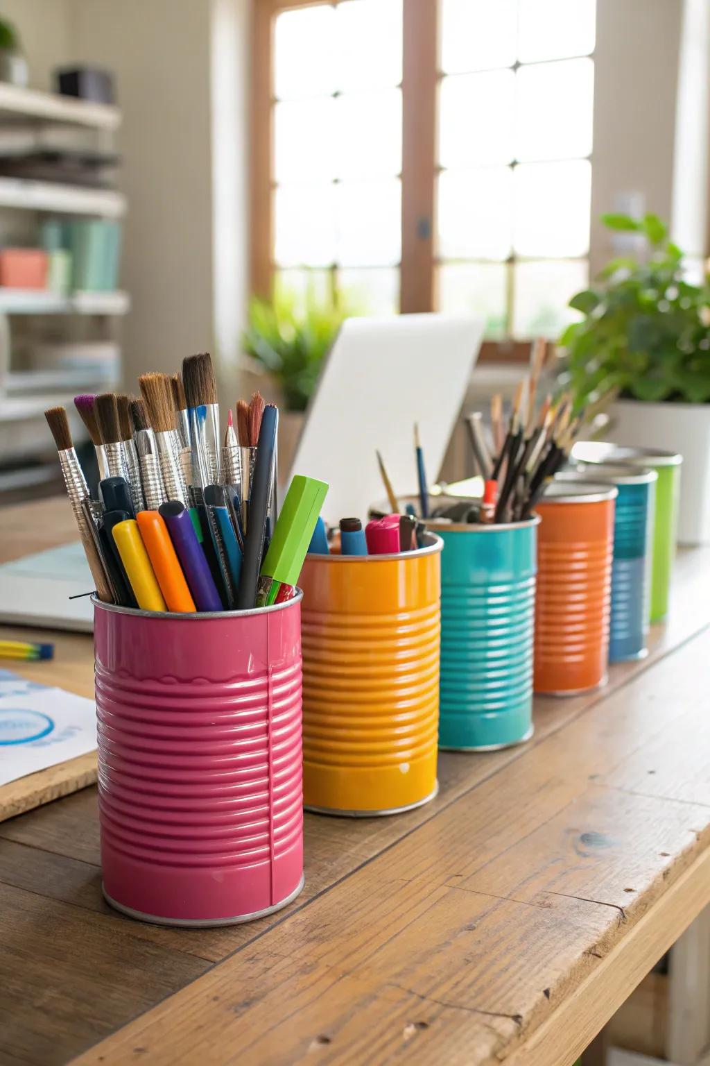 Brighten up your desk with tin can organizers.