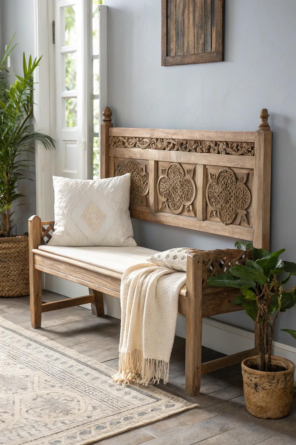 Transform your entryway with a charming headboard bench, where Scandinavian minimalism meets Boho elegance.