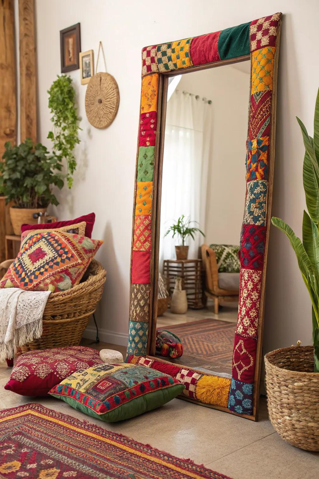 A fabric-wrapped frame adds color and texture to any mirror.