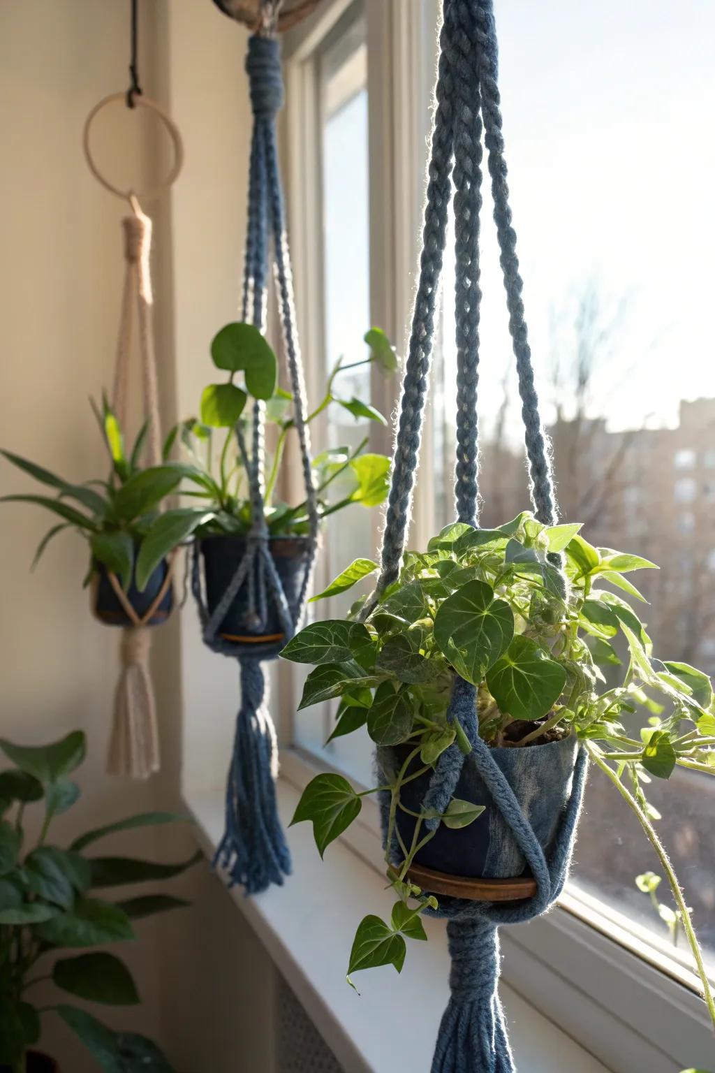 Bring nature indoors with upcycled plant hangers made from old pants.