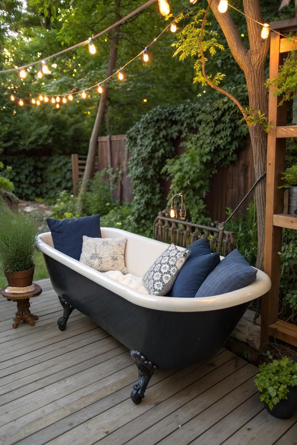 Transform your old tub into a stunning outdoor sofa and elevate your garden lounging experience.