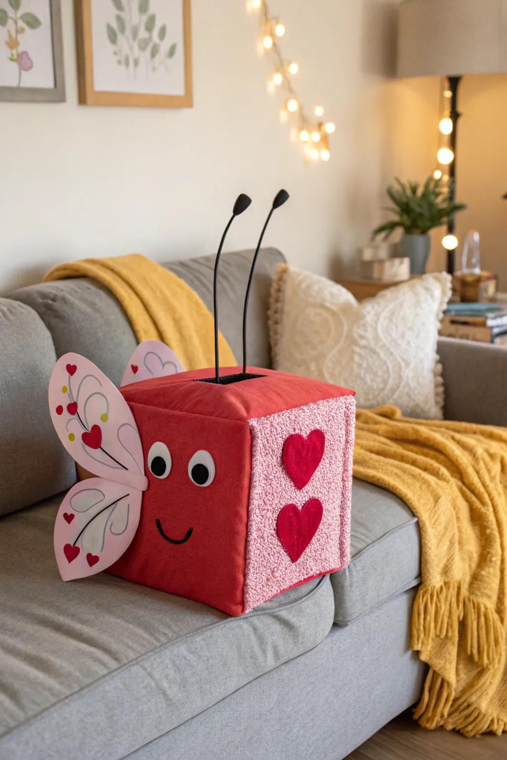 A love bug pillow box that's both hug-worthy and functional for Valentine's cards.