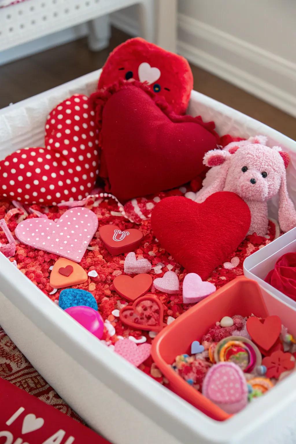 Sensory bin brimming with Valentine's Day joy.