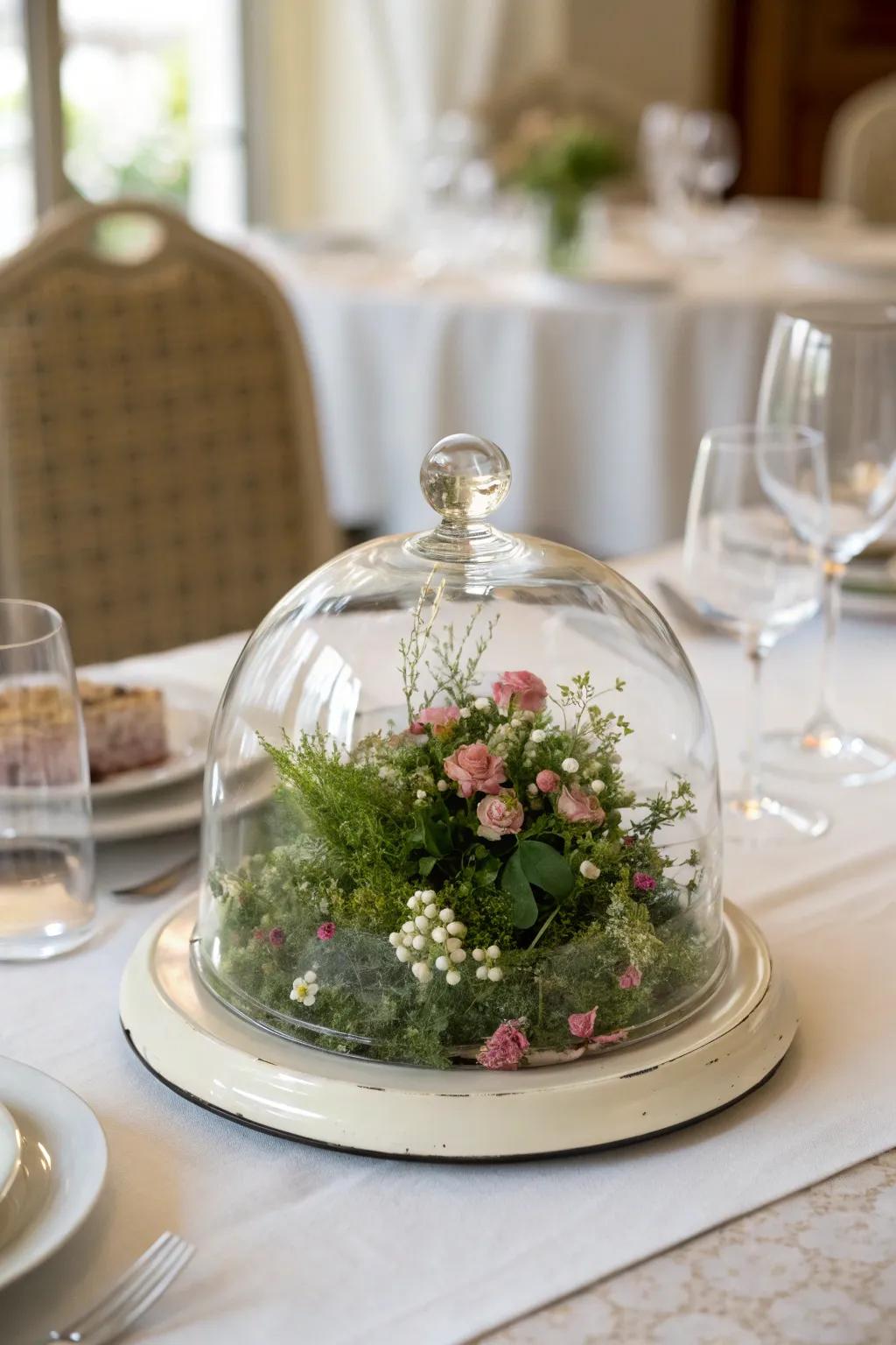 A delicate floral cloche centerpiece for your table.