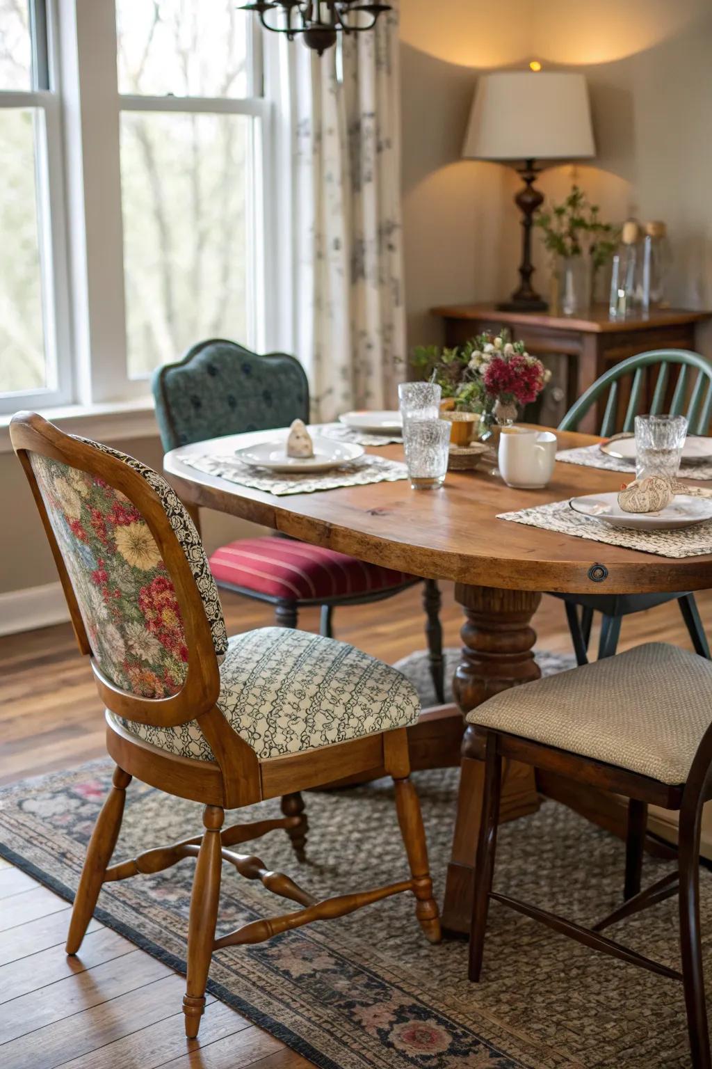 Mixed vintage chairs provide an eclectic and inviting feel to this dining room.