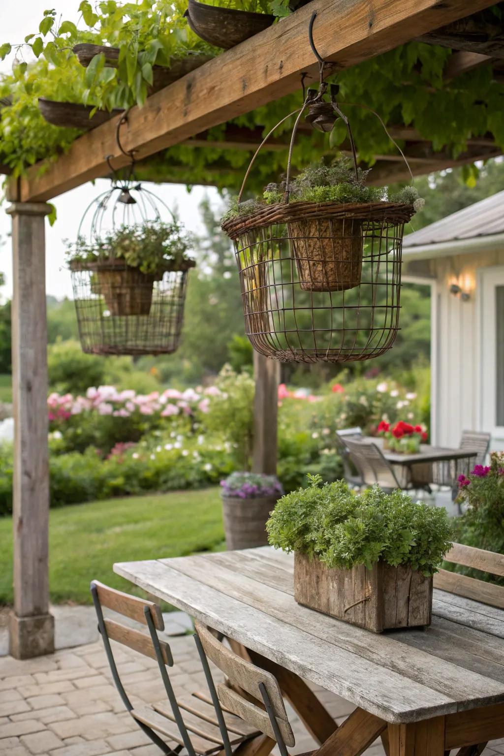 Wire baskets add vintage charm and organization to this quaint patio.