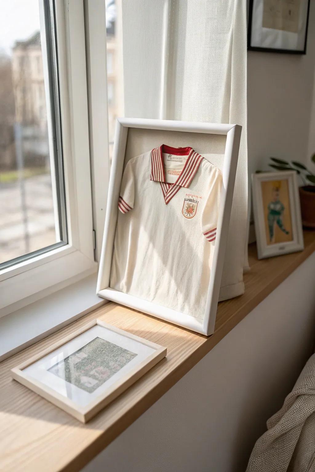 Capture the spirit of past victories with a cherished jersey fragment in your volleyball shadow box.