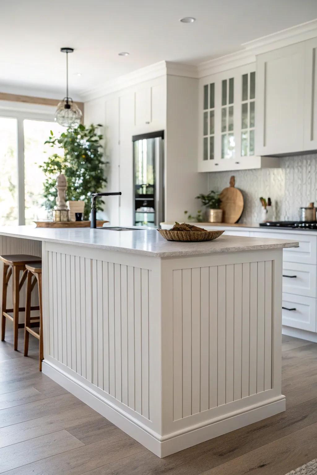 Subtle wainscoting offers a minimalist touch to this modern kitchen island.