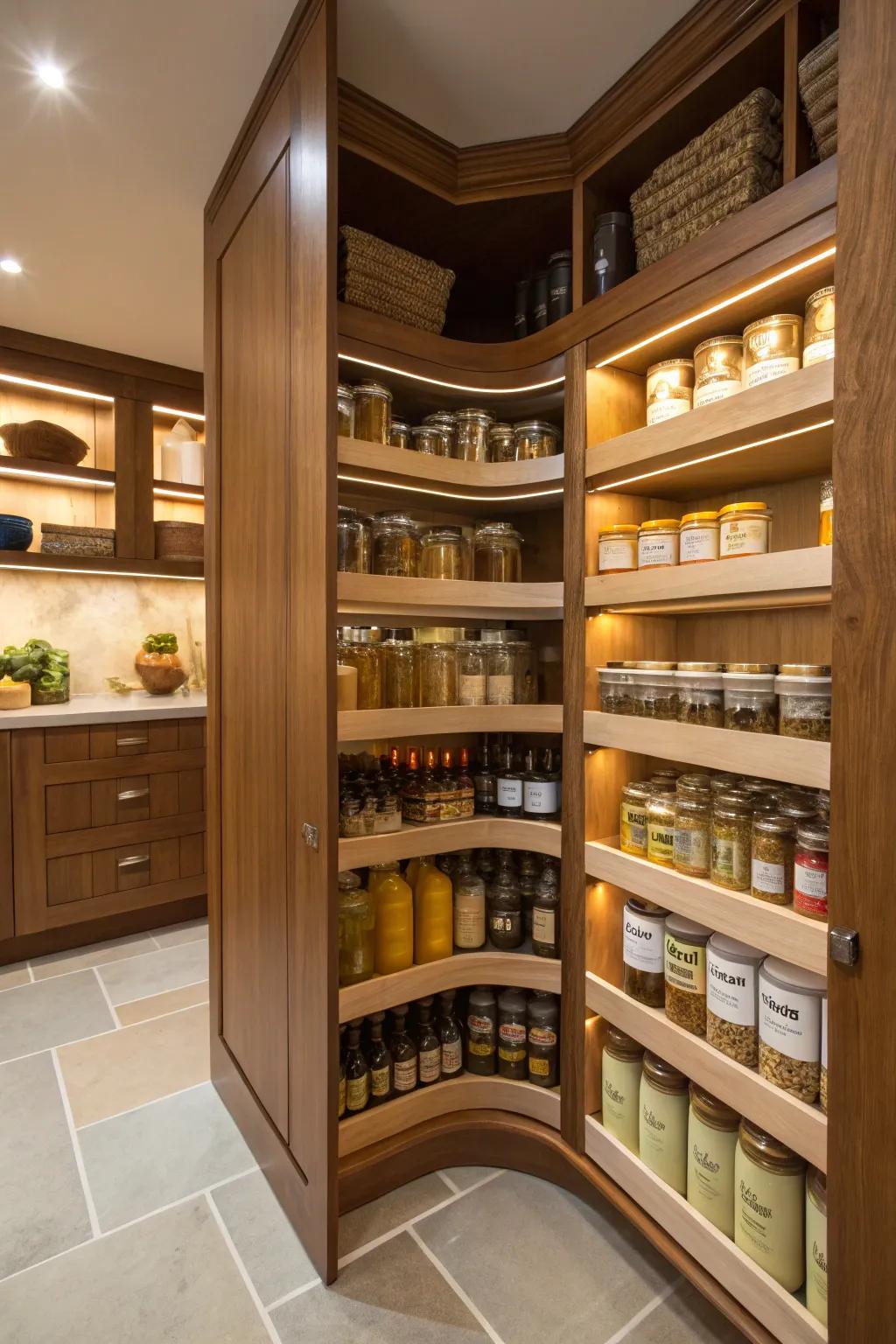 A walk-in pantry corner enhanced with Lazy Susans for easy access.