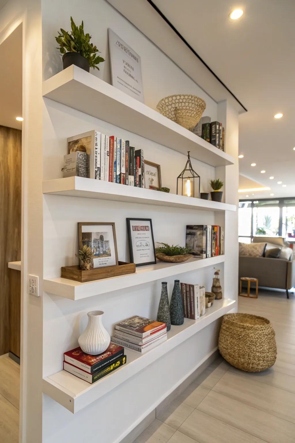 Floating shelves add style and storage to any corner.