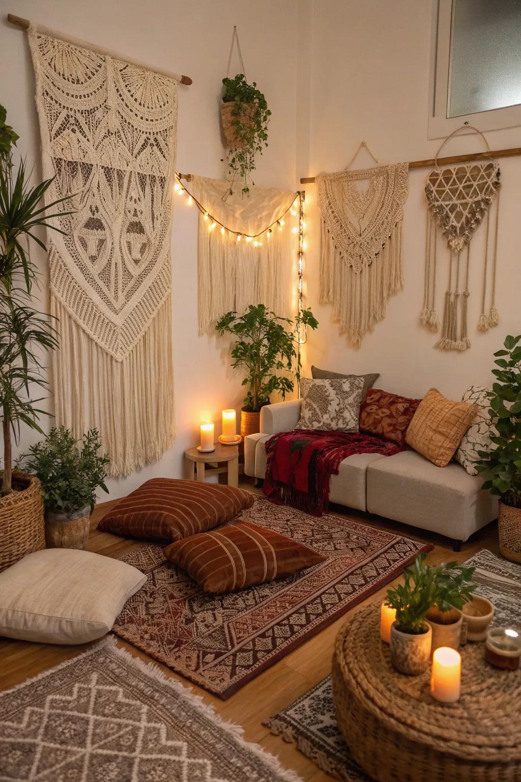 Macrame wall hangings add texture and warmth to a bohemian living room.