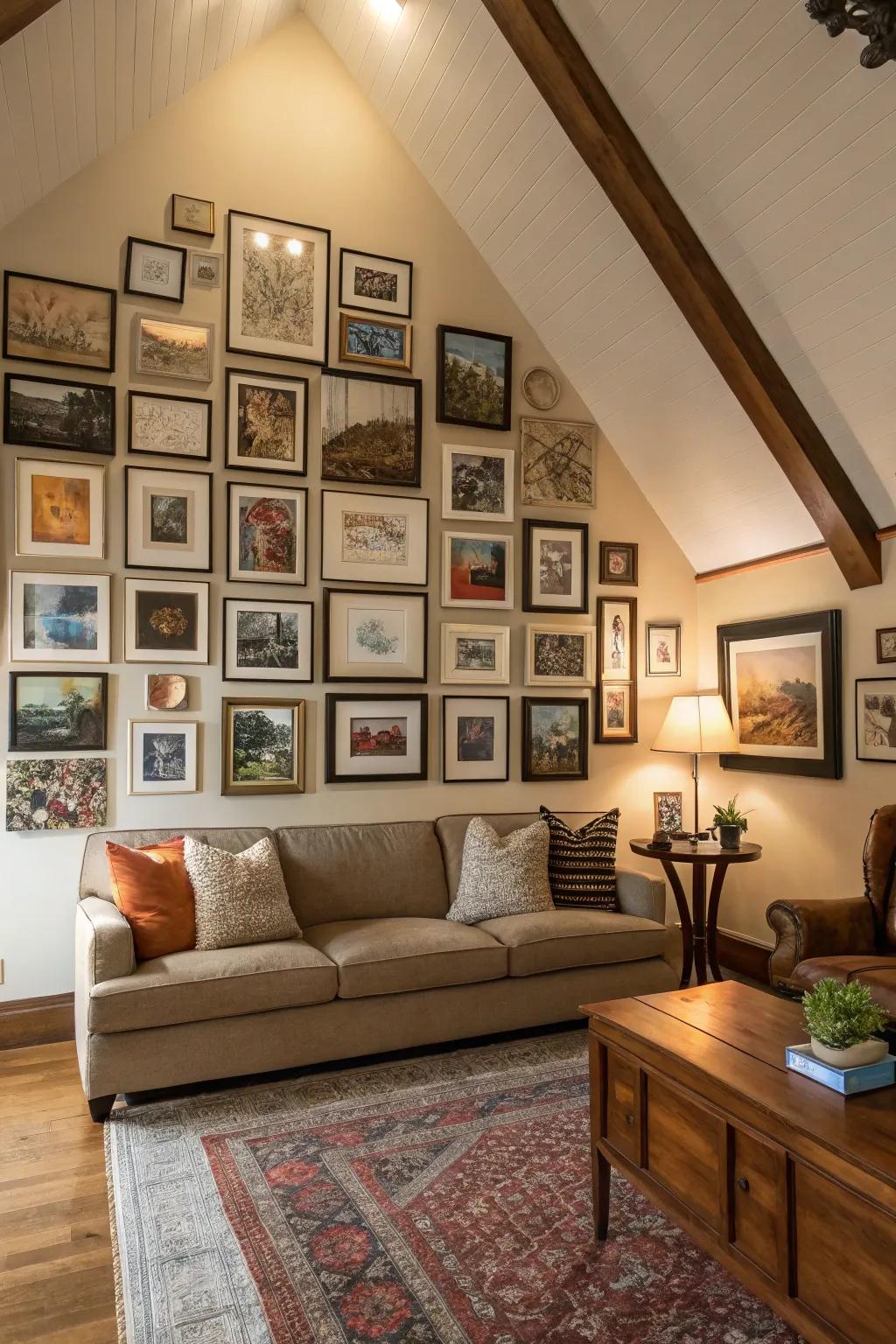 A gallery wall adds a personal and artistic touch to tall spaces.