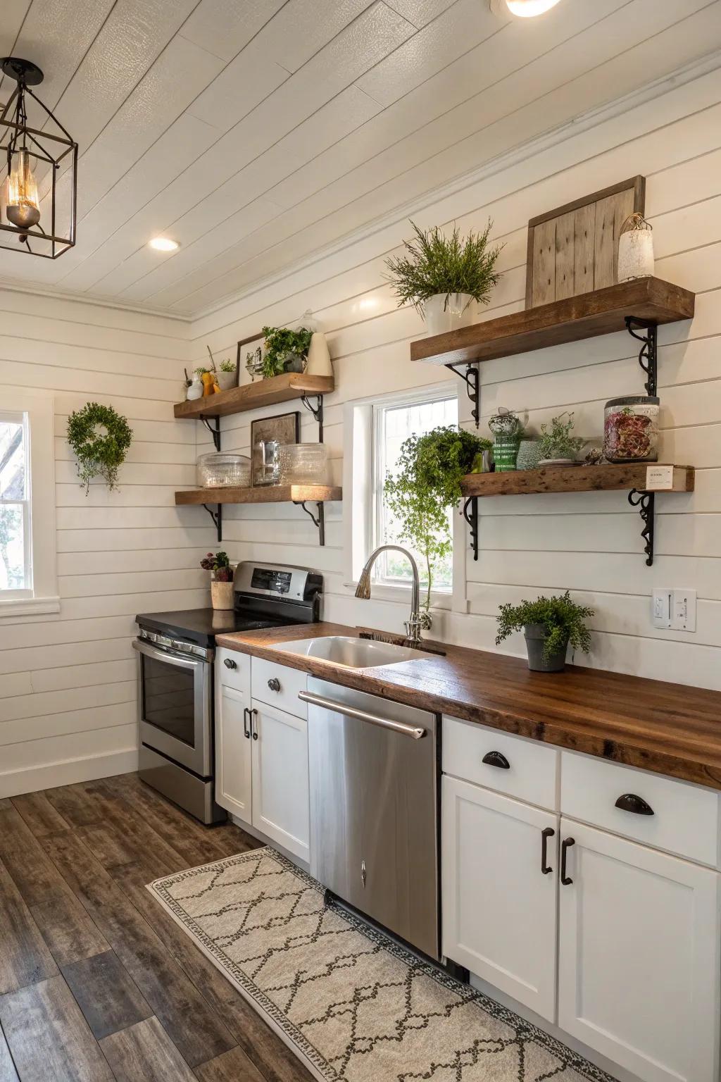 Bright kitchen featuring classic farmhouse shiplap walls.