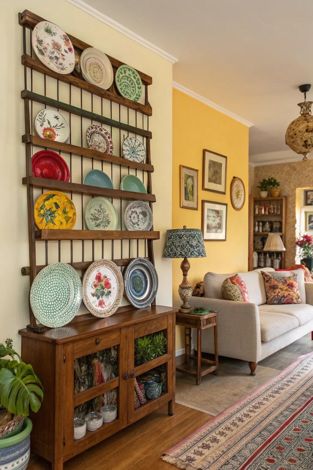 An eclectic plate rack showcasing a diverse collection of travel-inspired plates.