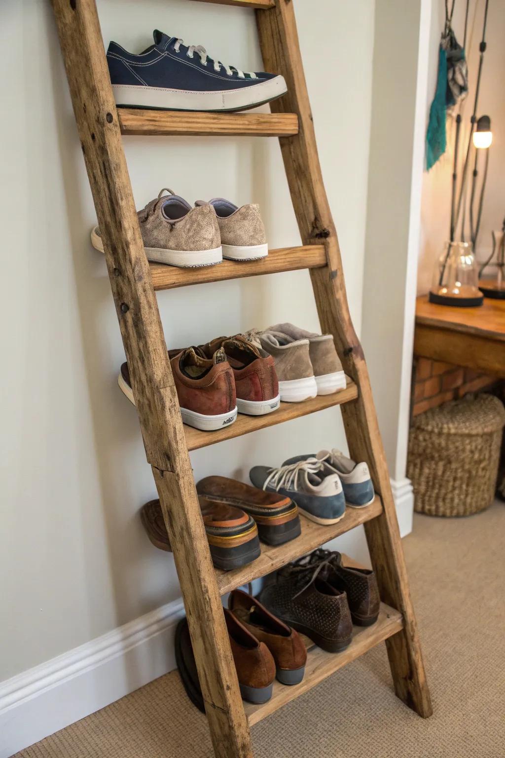 Repurposed ladders add a rustic touch to shoe display.