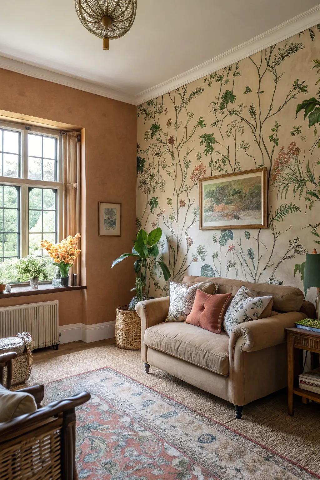 A calming living room with botanical wallpaper and earthy tones.