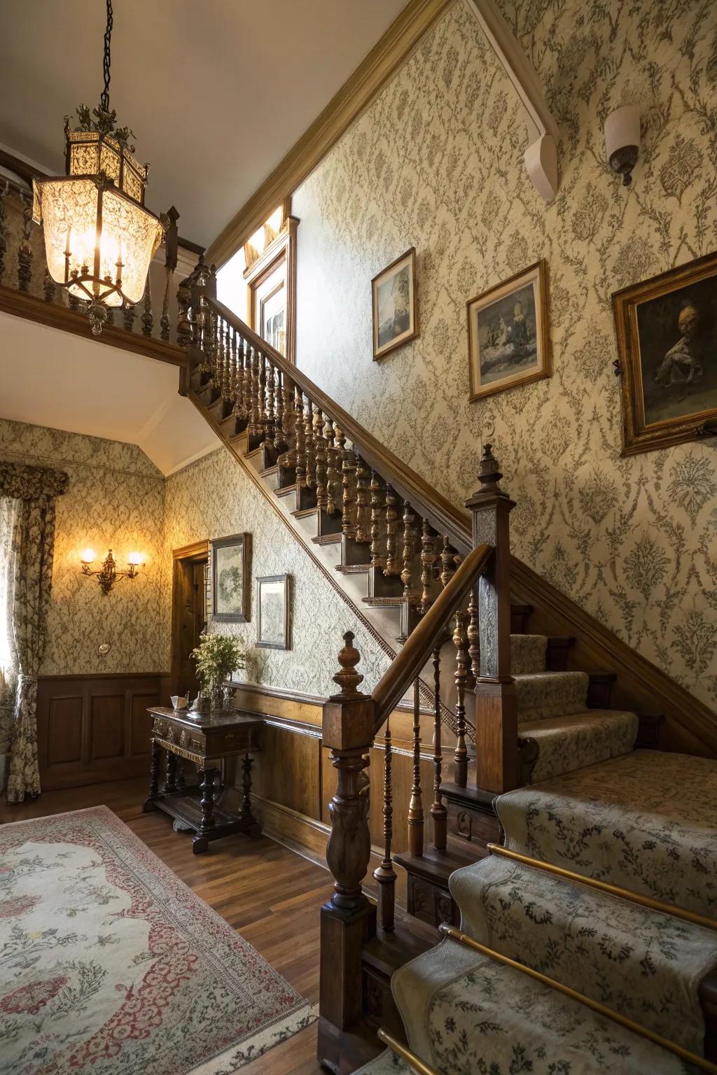 Vintage patterns add timeless elegance to any staircase.