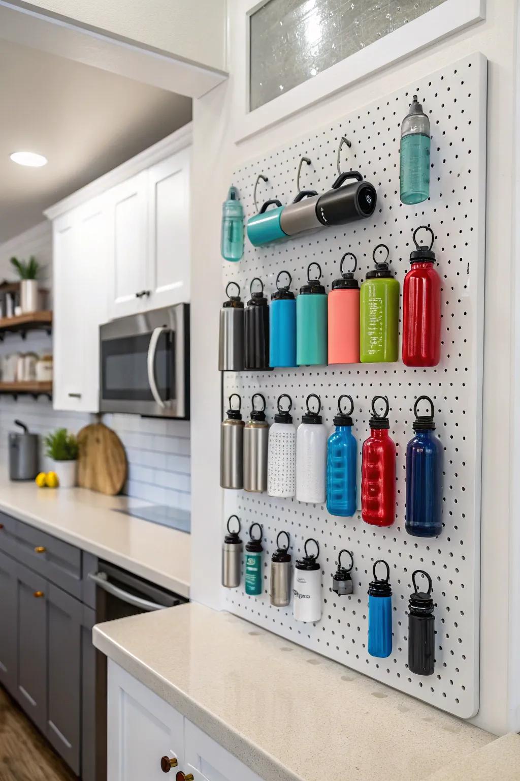 Innovative water bottle display using a pegboard