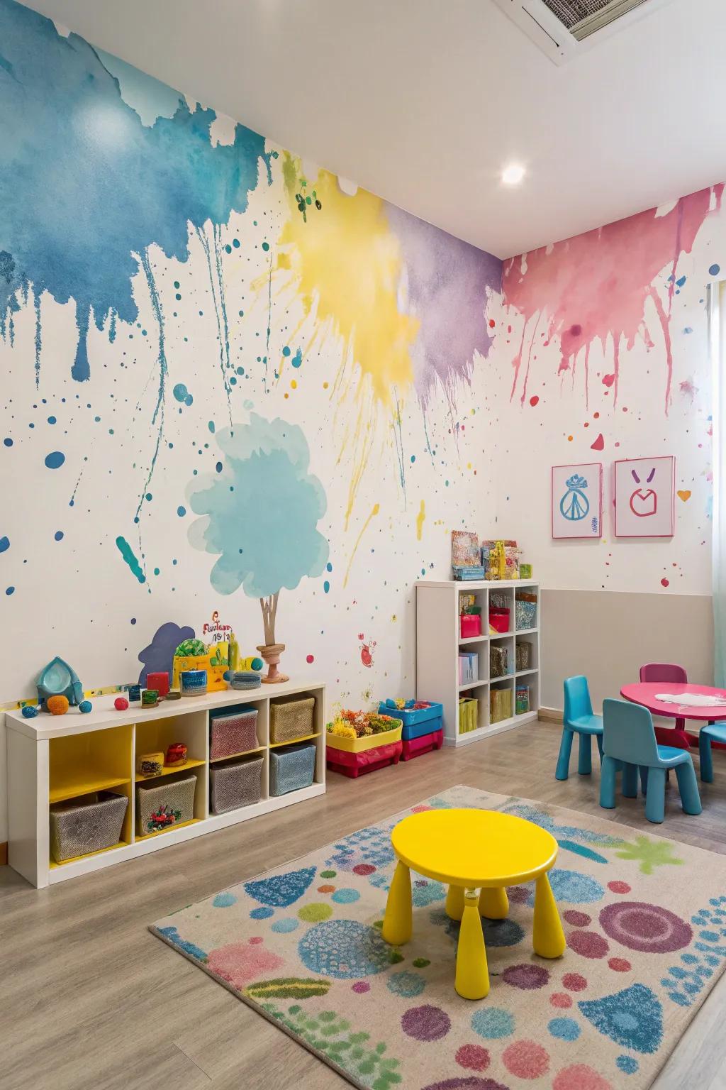 A whimsical splatter watercolor background energizes a kids' playroom.