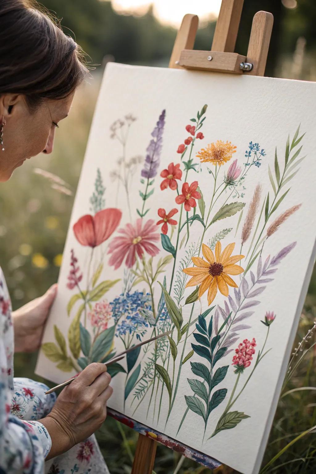 A botanical watercolor canvas featuring wildflowers.