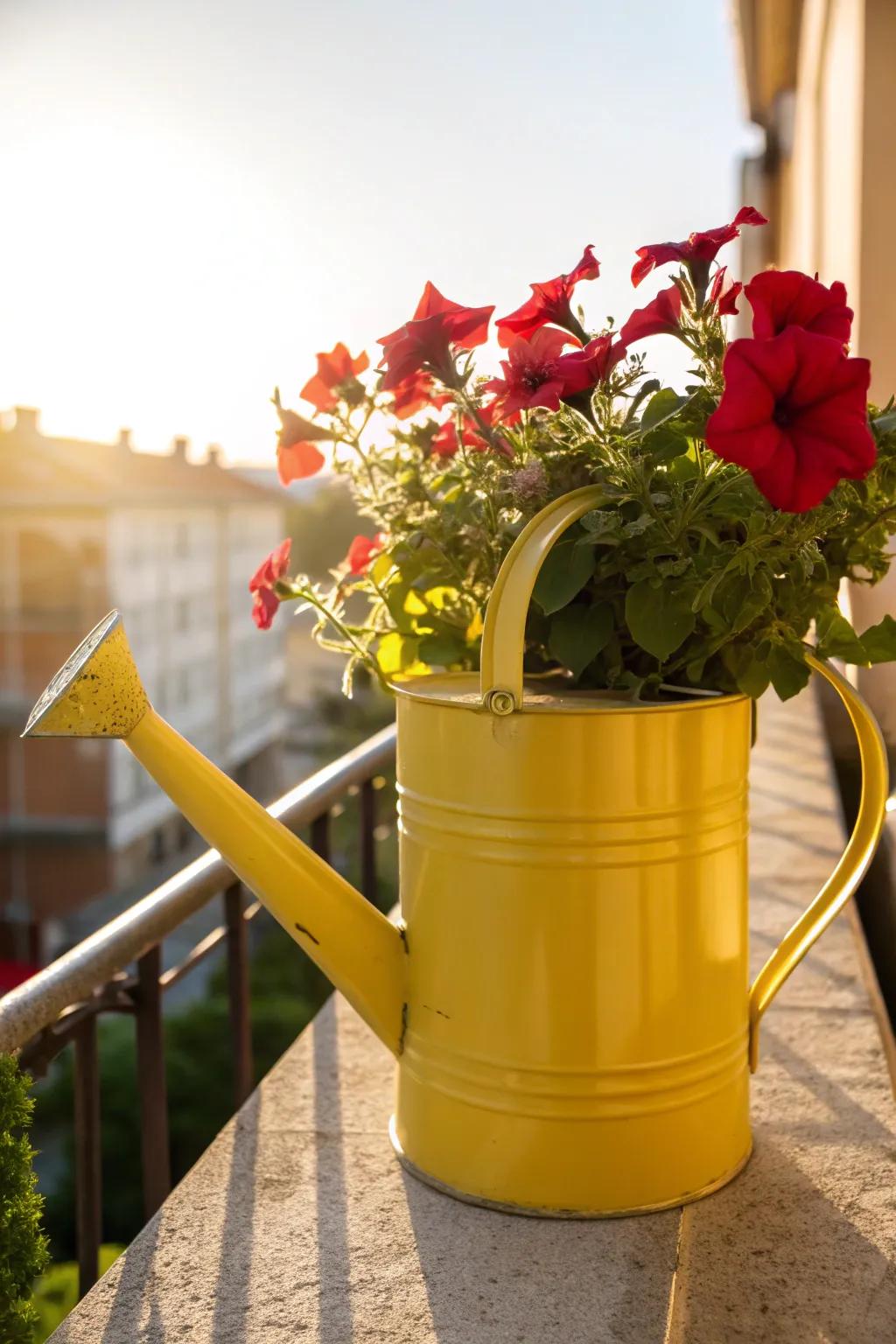 A pop of color: watering can planter filled with bright annuals.