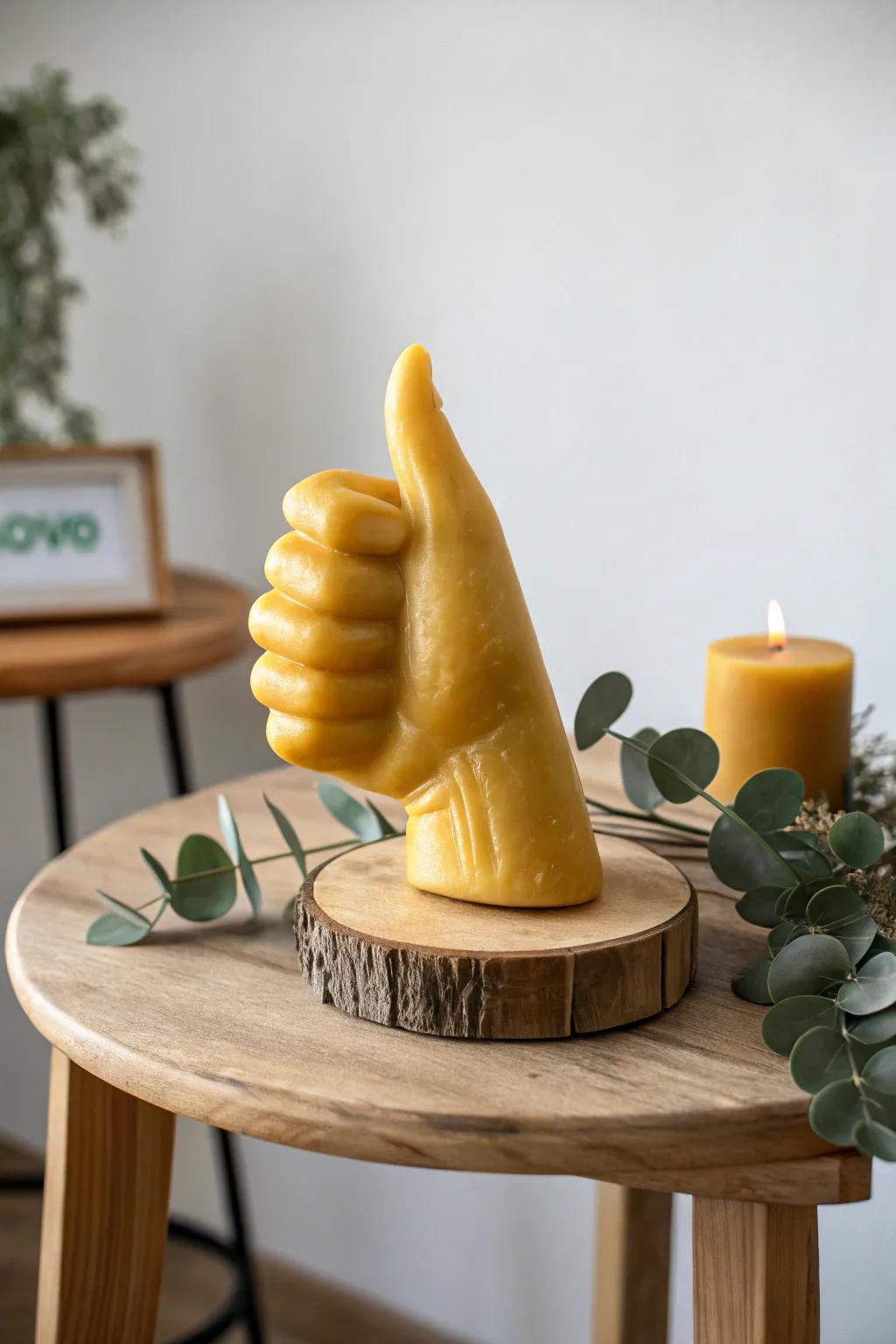 Thumbs up to brighter days! Embrace positivity with this handcrafted wax sculpture.