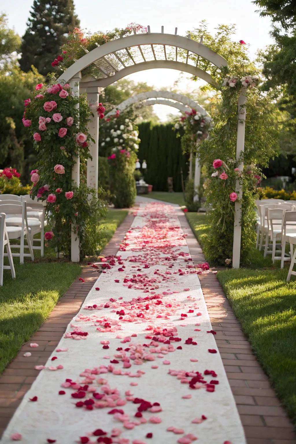 Delicate rose petals adorn a garden wedding aisle.