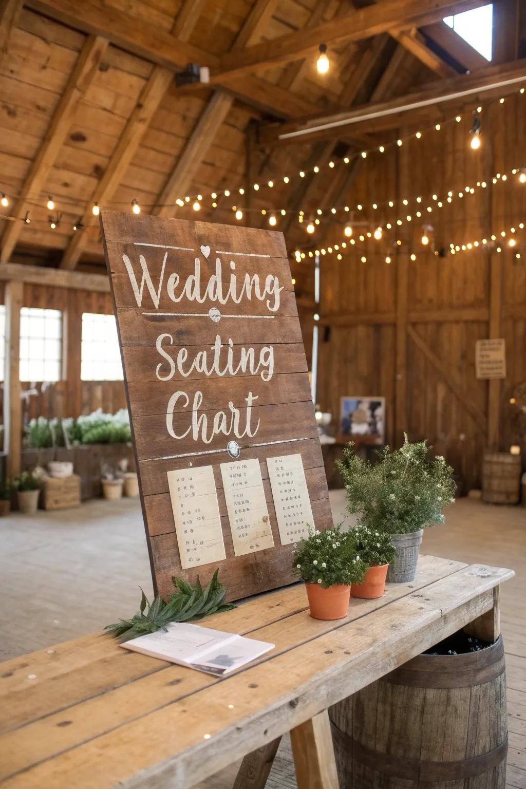 A rustic wooden board adorned with handwritten names, setting a warm tone for a barn wedding.