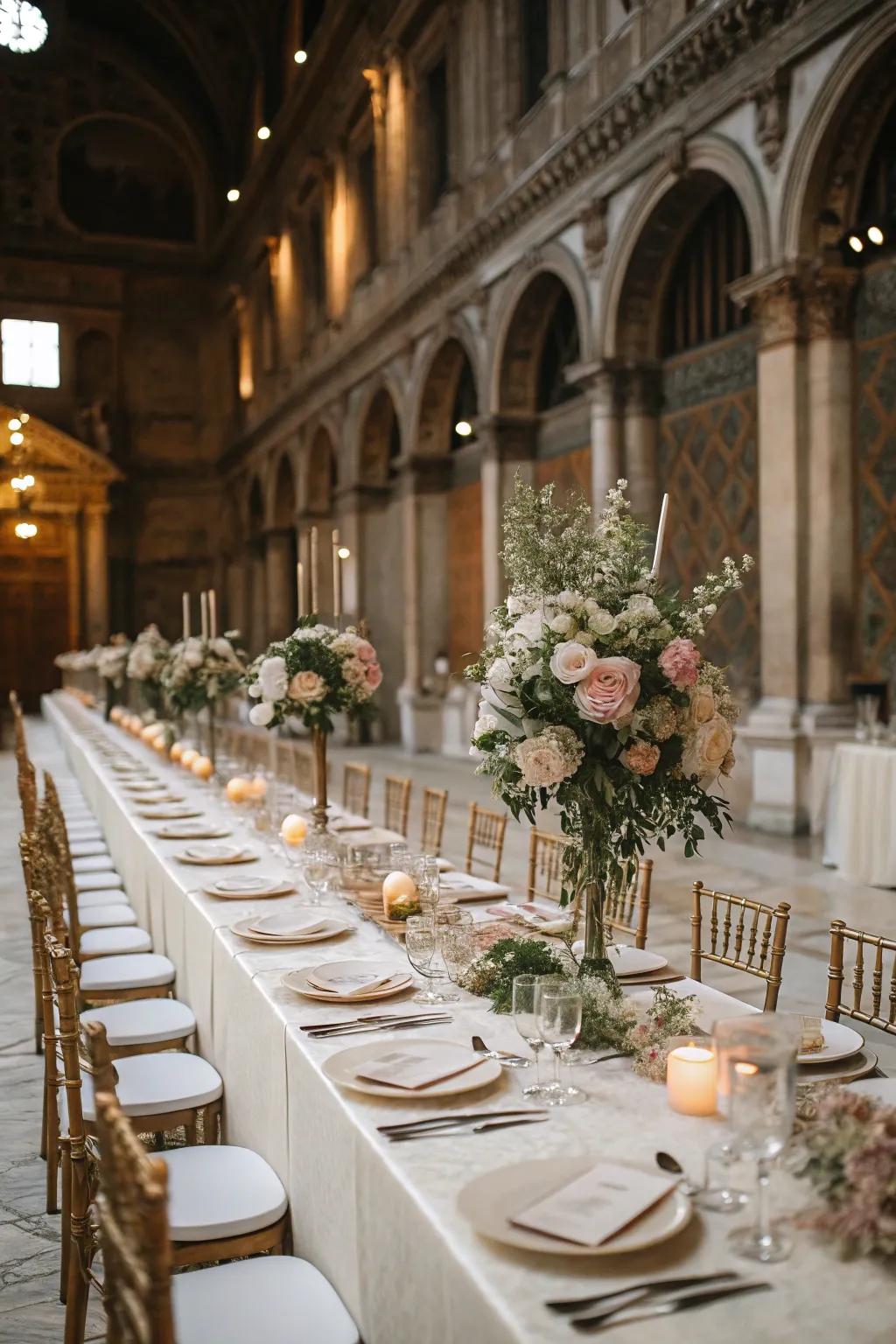 A single long table creates a dramatic focal point.