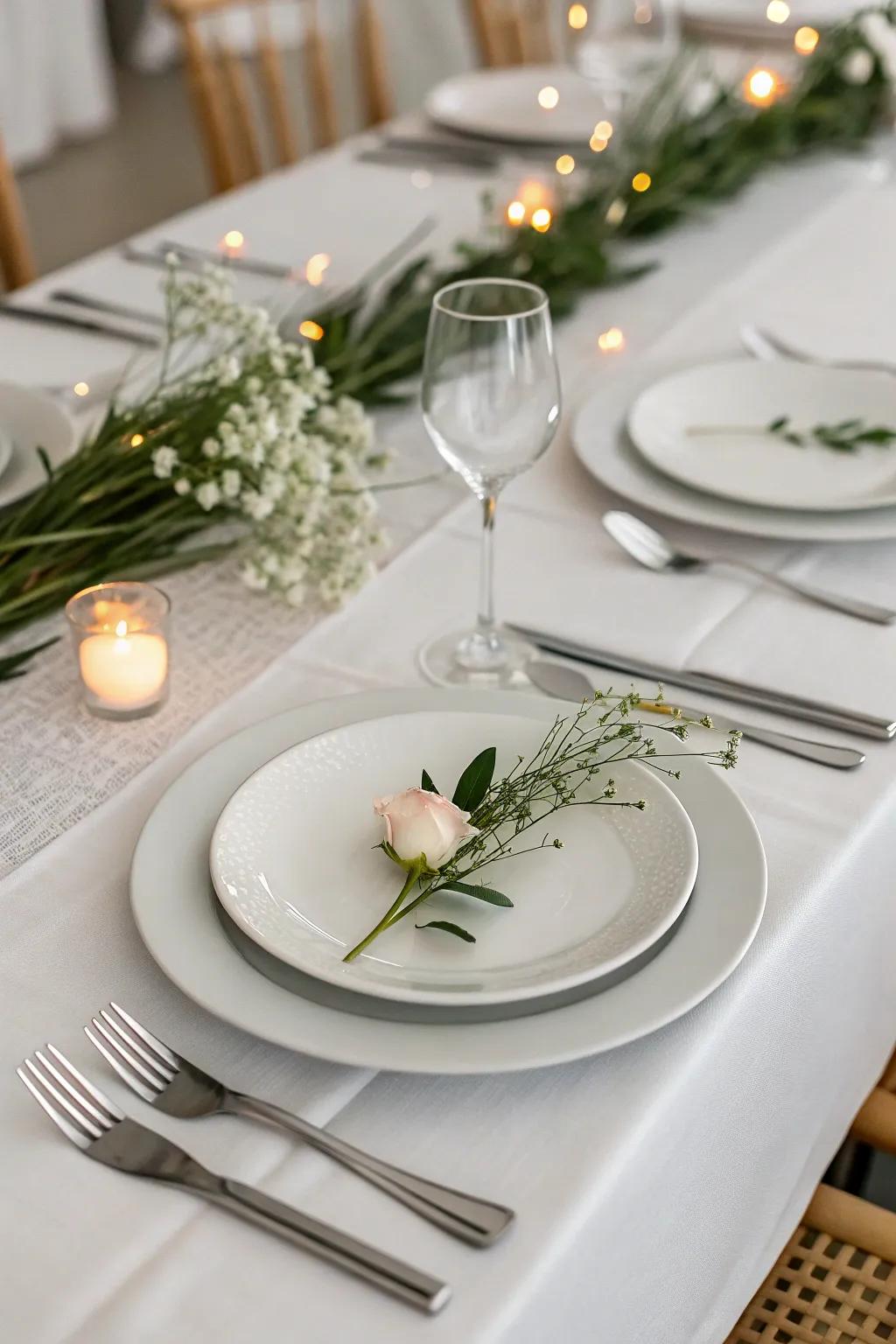 A modern minimalistic wedding table setting with clean lines and simple elegance.