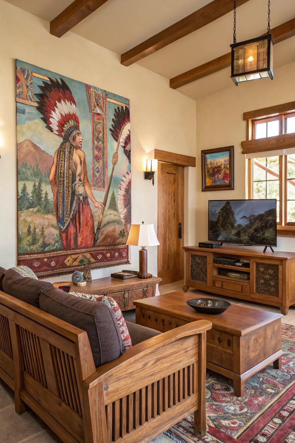 This vibrant painting celebrating Native American traditions adds a touch of history and culture to the living space.