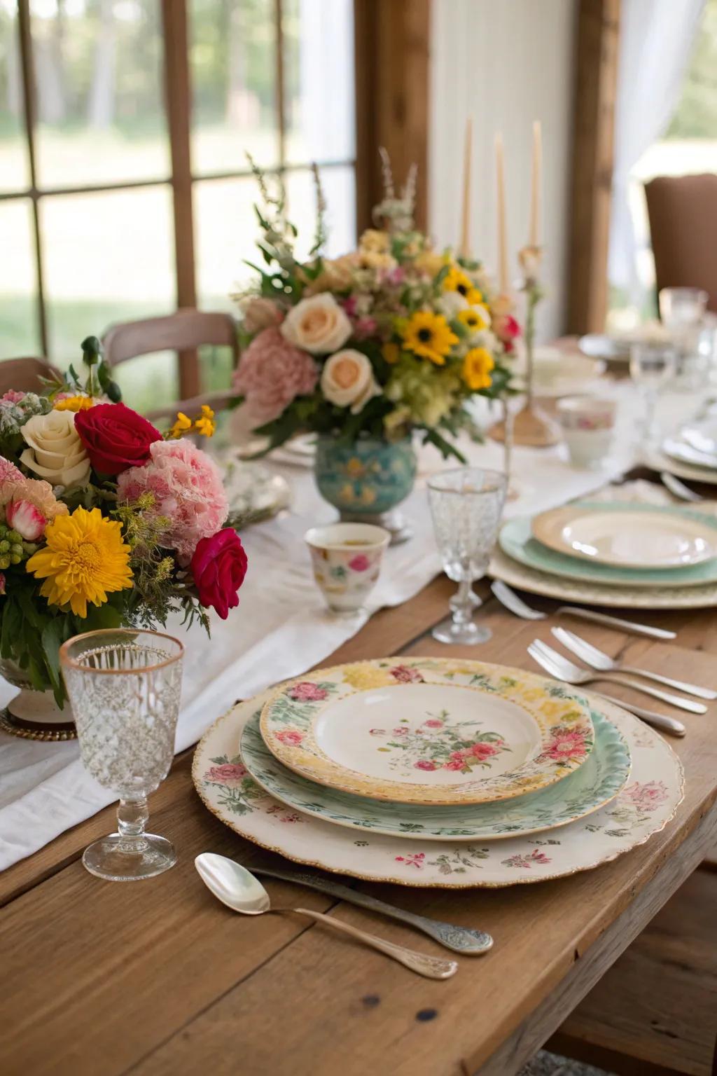 A table set with vintage mismatched china for a personal touch.