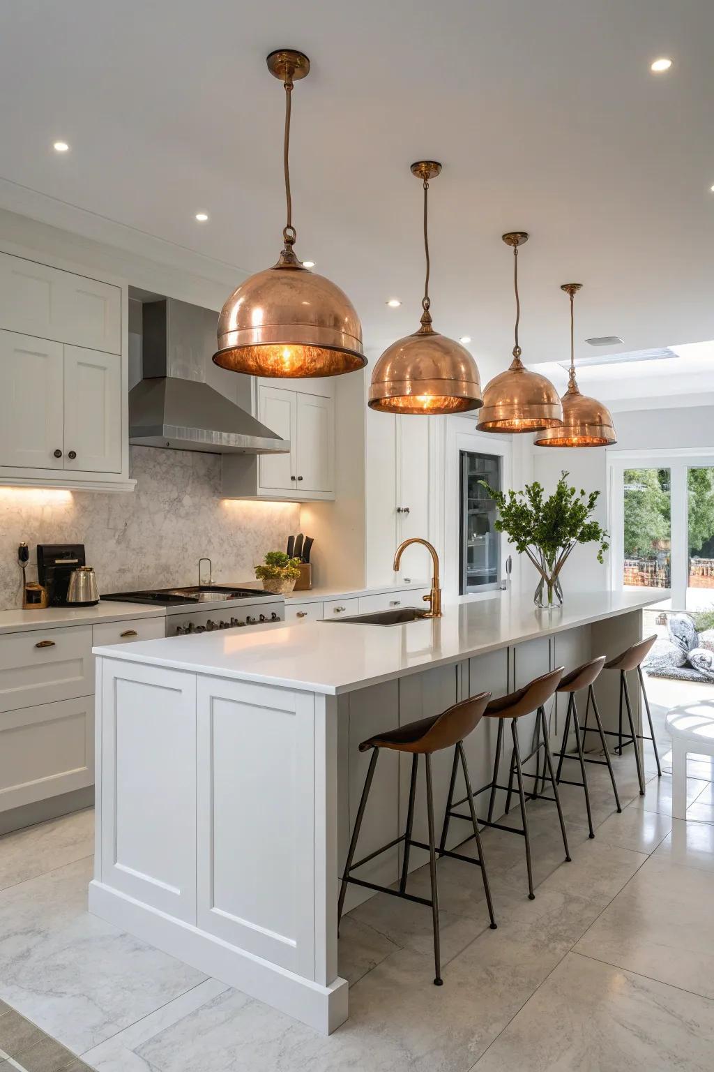 Copper pendant lights add a stylish glow to a white kitchen.