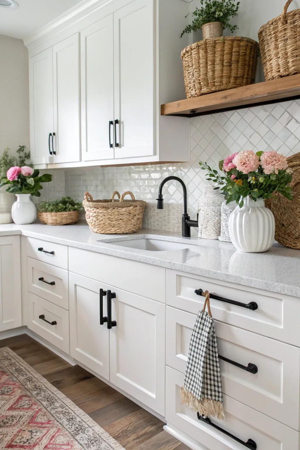 Textural accents enhance the warmth of a black and white kitchen.