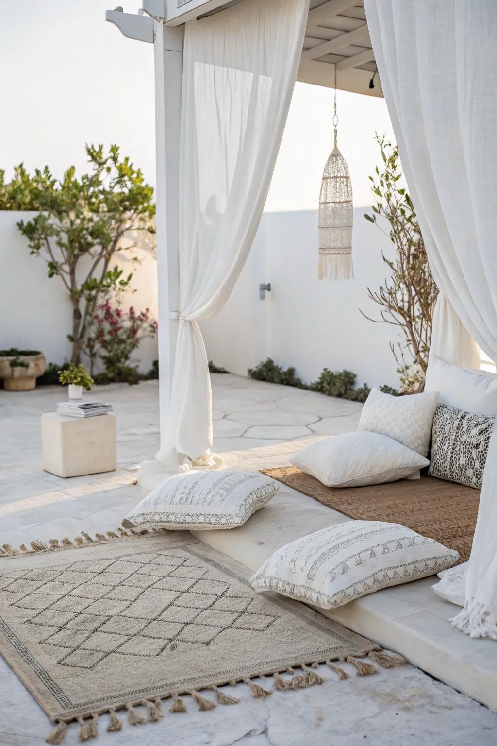 Soft white textiles add comfort and elegance to your patio.