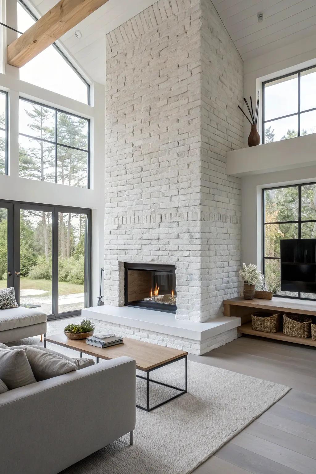 A modern minimalist living area with a fully whitewashed brick fireplace.