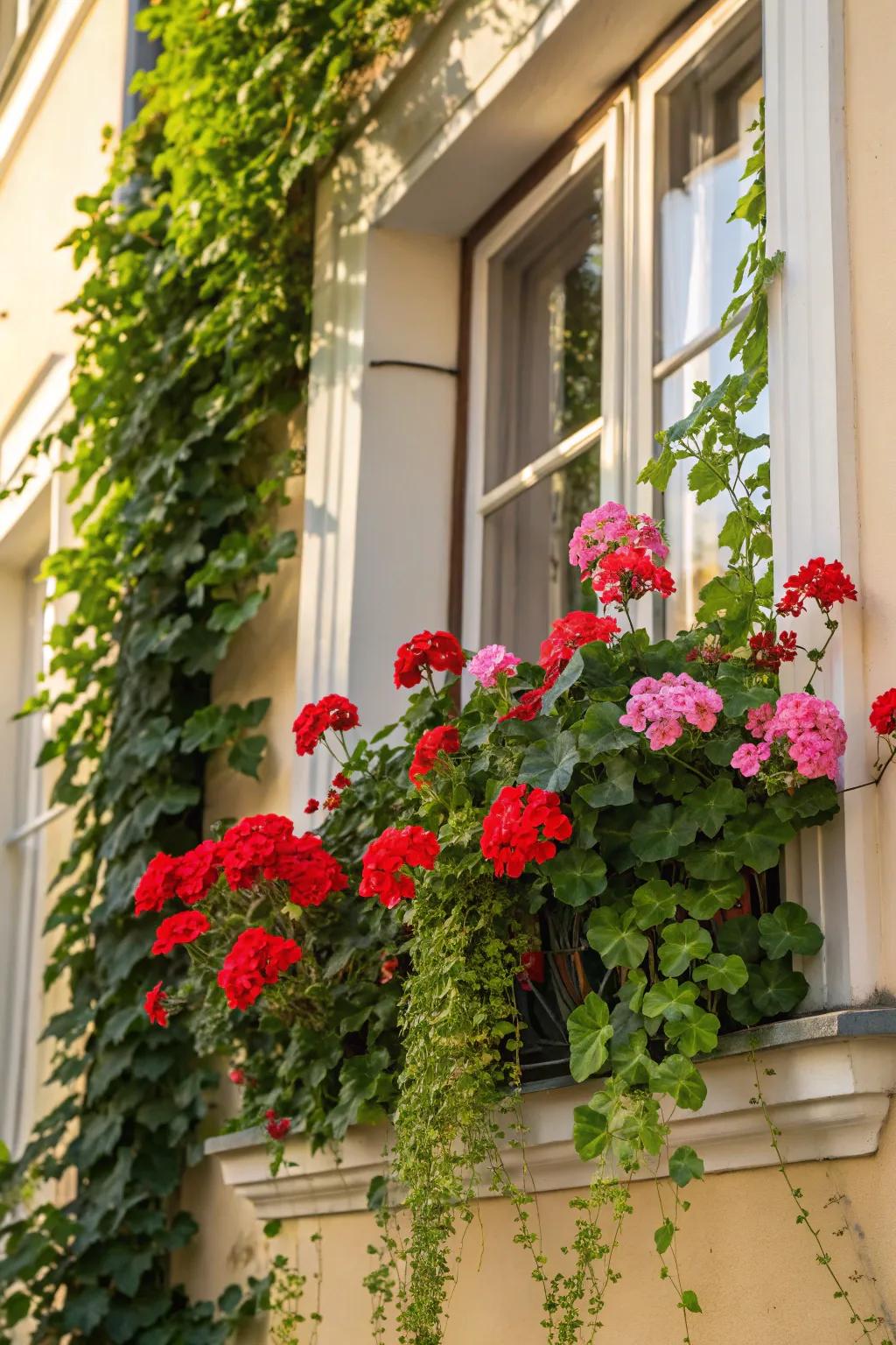 Classic geraniums paired with ivy create a timeless and vibrant summer window box.