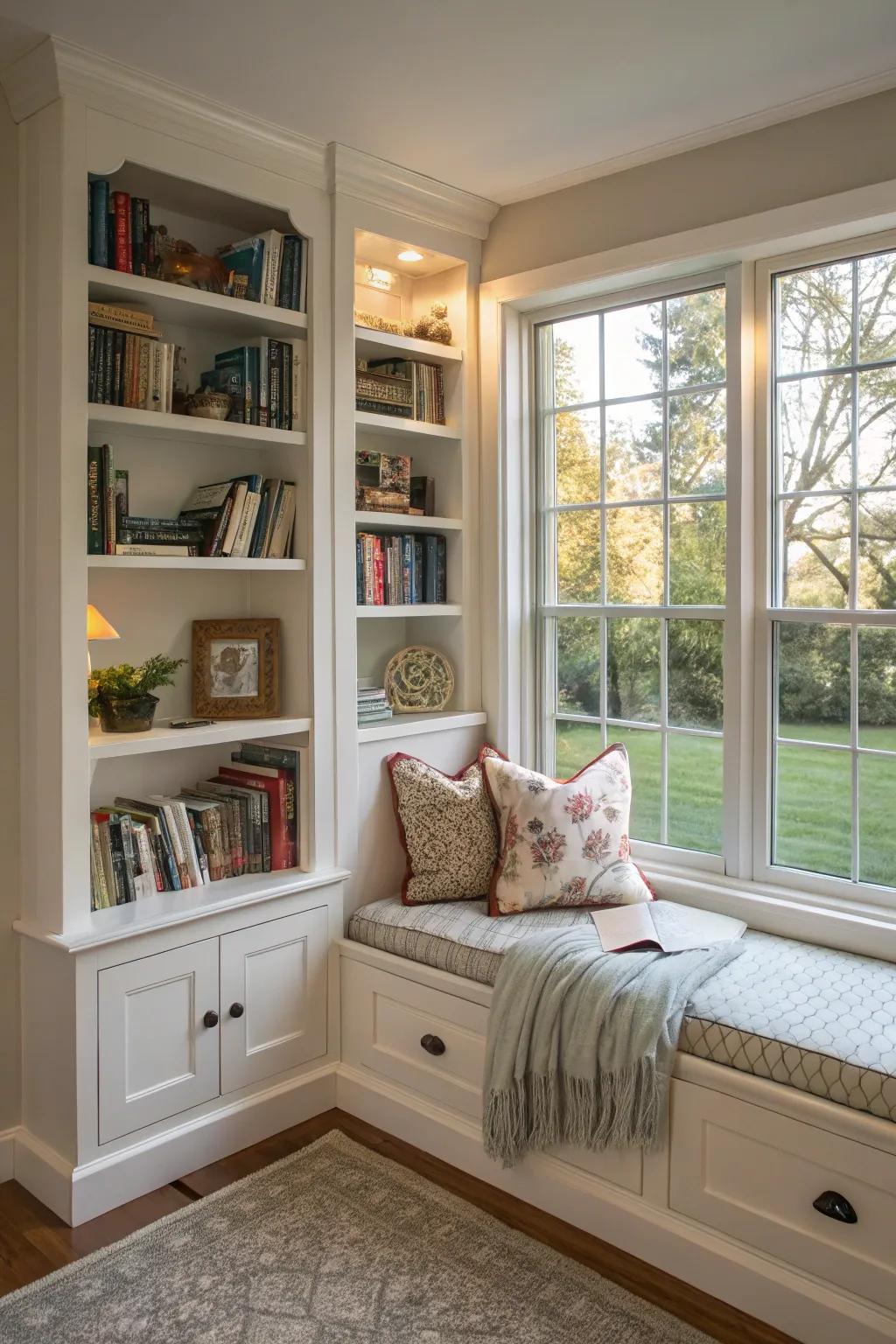 A built-in bookshelf and seat combo makes for a perfect reading corner.