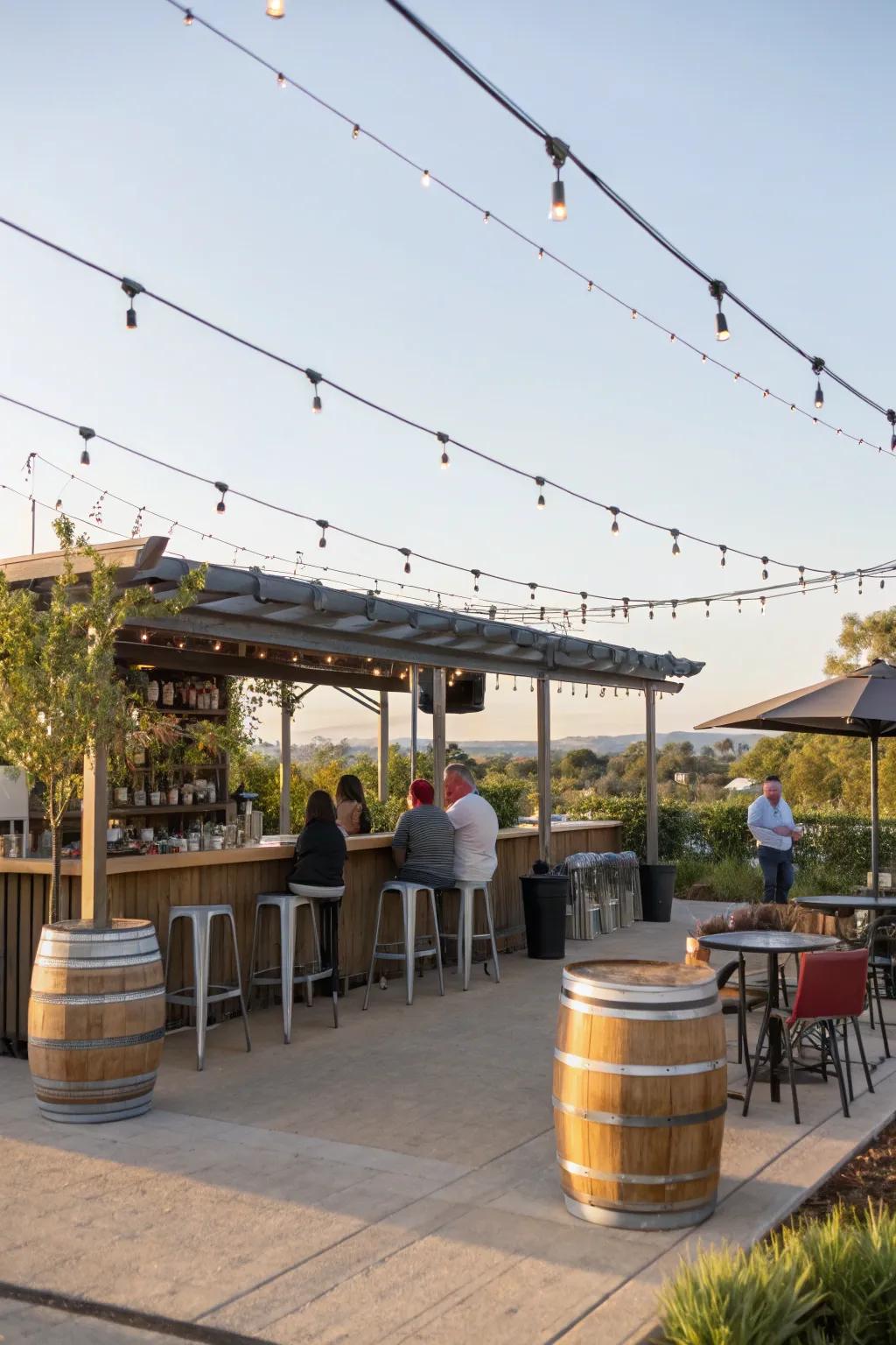 An inviting outdoor wine bar oasis.