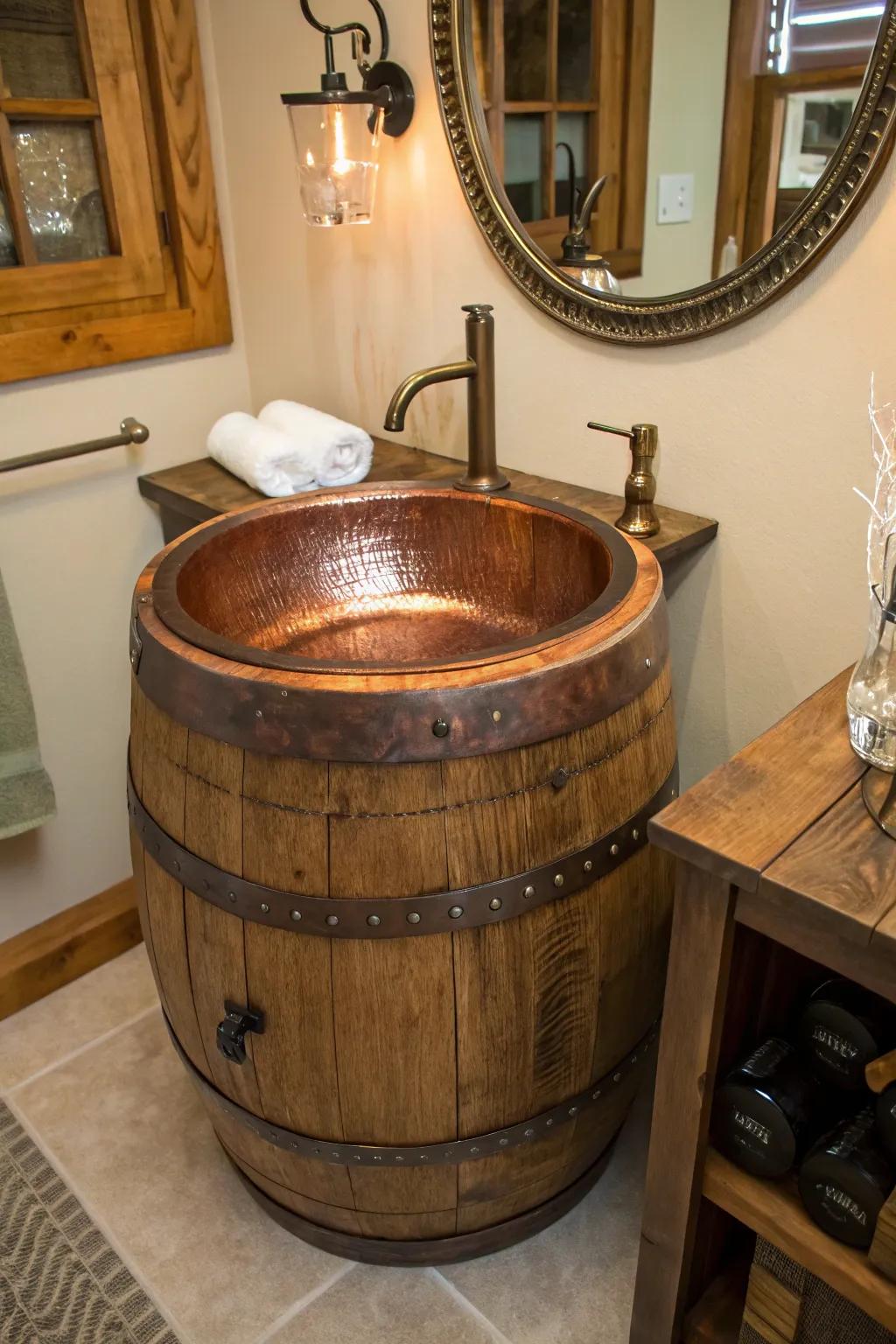 A wine barrel sink adds vintage charm to your bathroom.