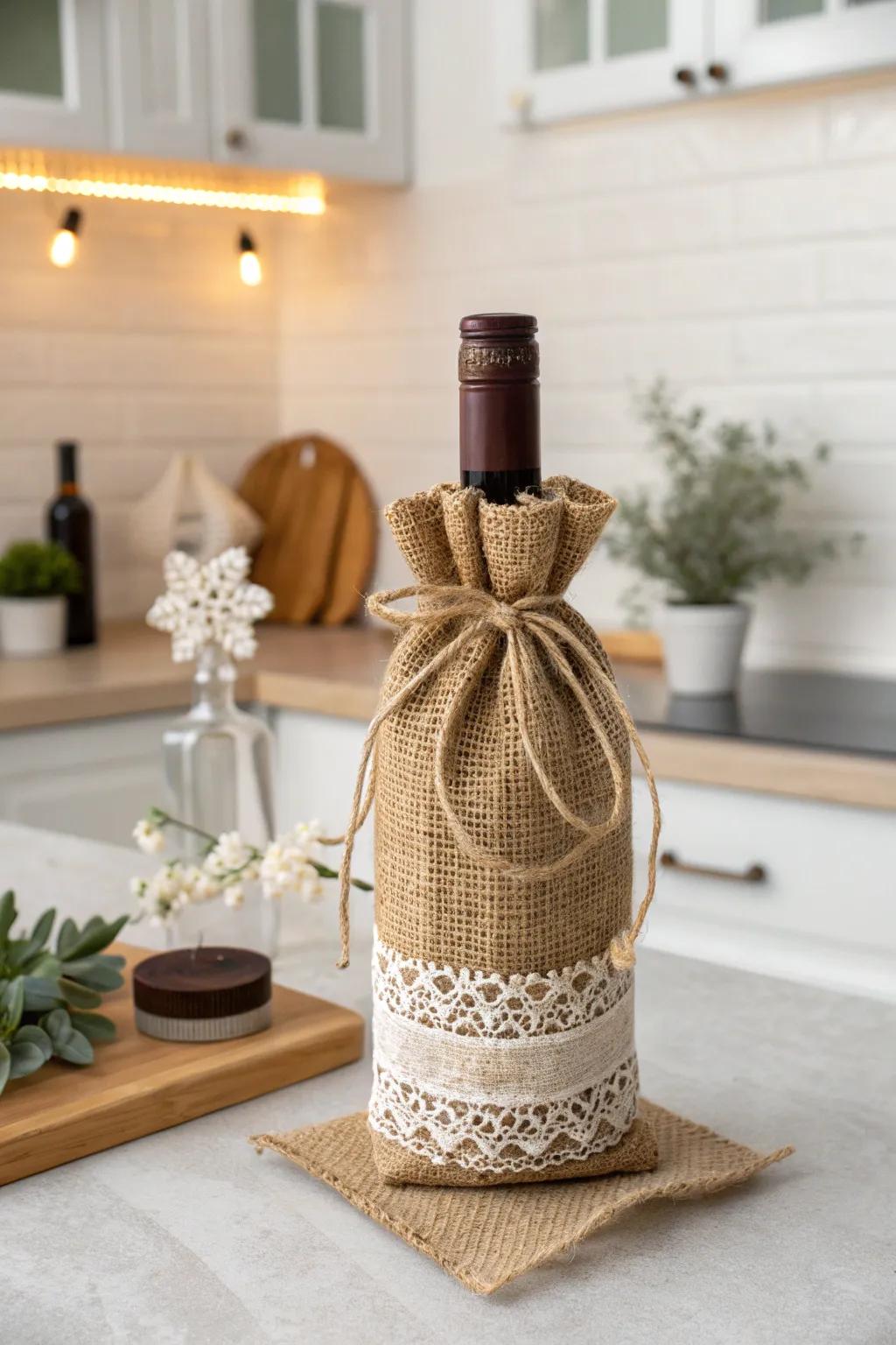 Embrace the rustic charm with a handcrafted burlap wine bag, perfect for adding a touch of farmhouse elegance to your collection.