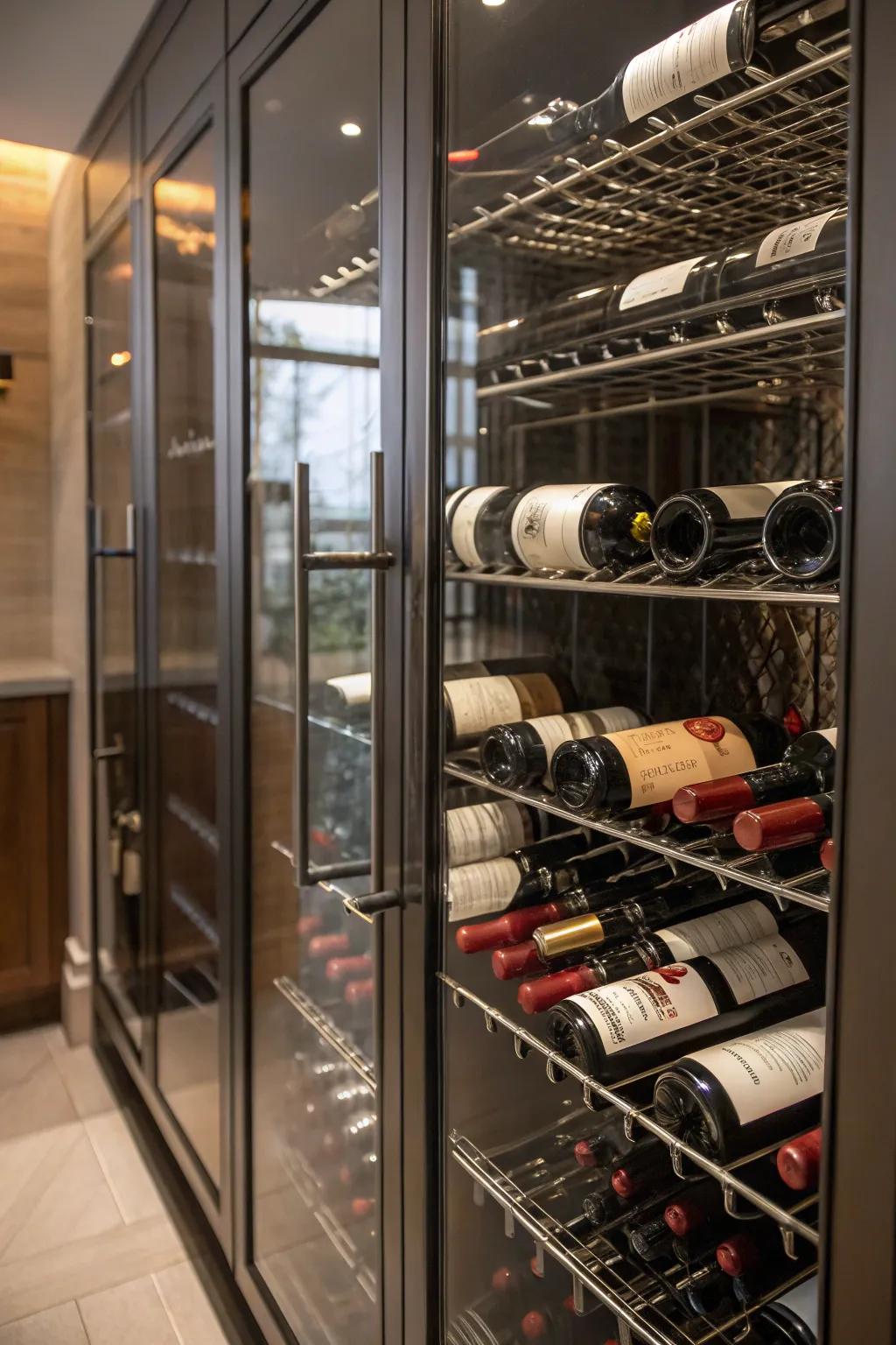 A modern wine closet with glass doors and metal racks