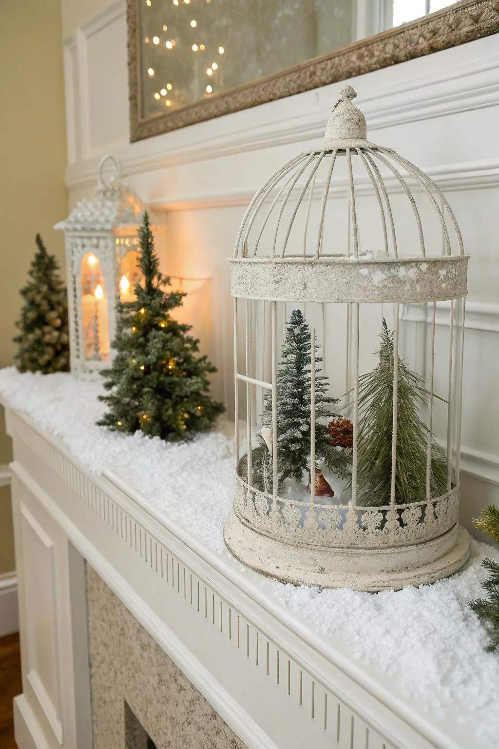 A whimsical snow scene inside a repurposed birdcage.