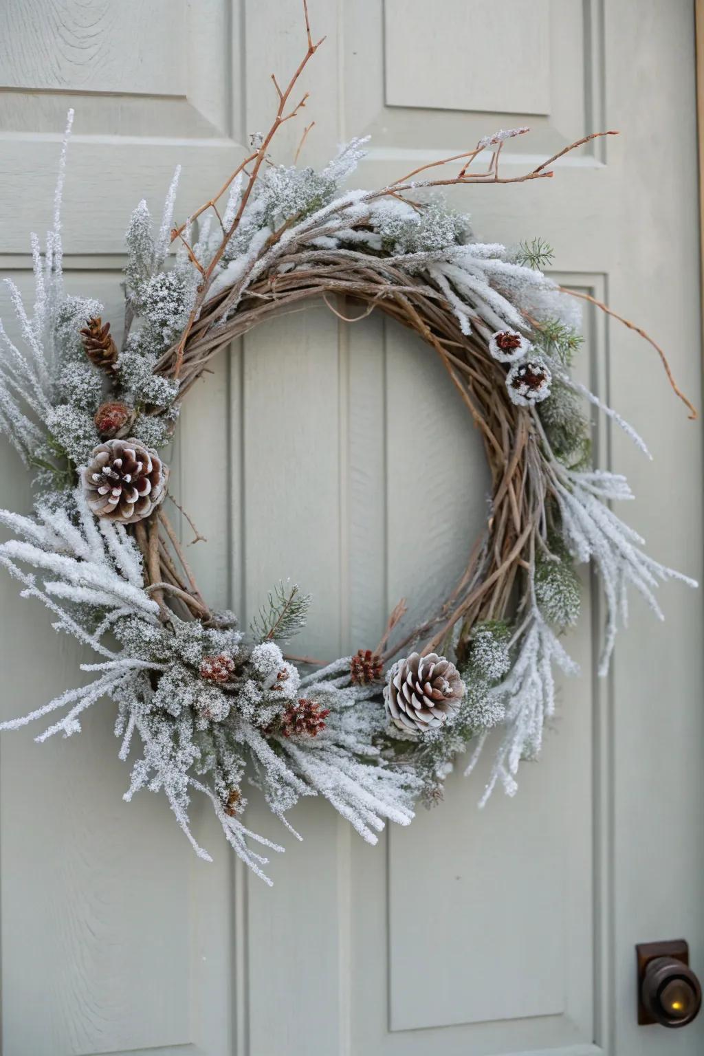 A frosted forest wreath captures the enchantment of a winter wonderland.