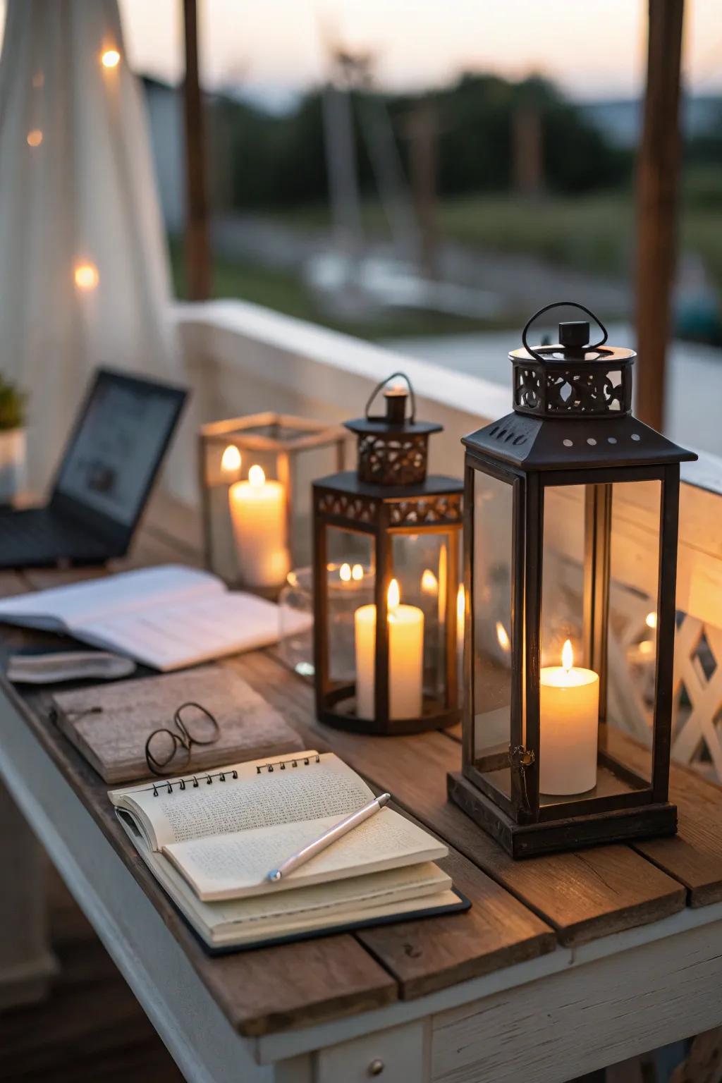 Candles in hurricane lanterns create a warm and inviting atmosphere.