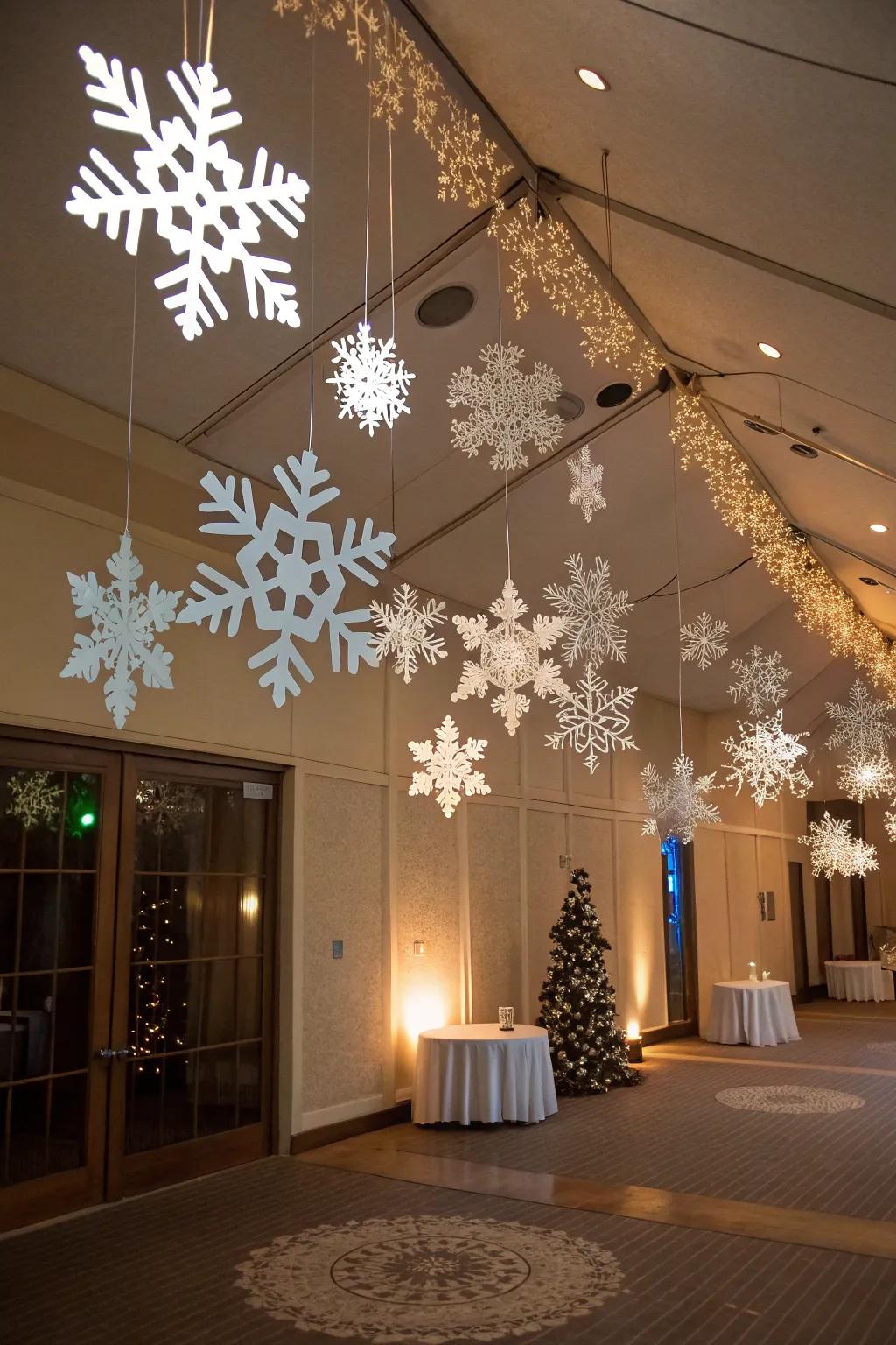 Suspended snowflakes bring the magic of falling snow indoors.