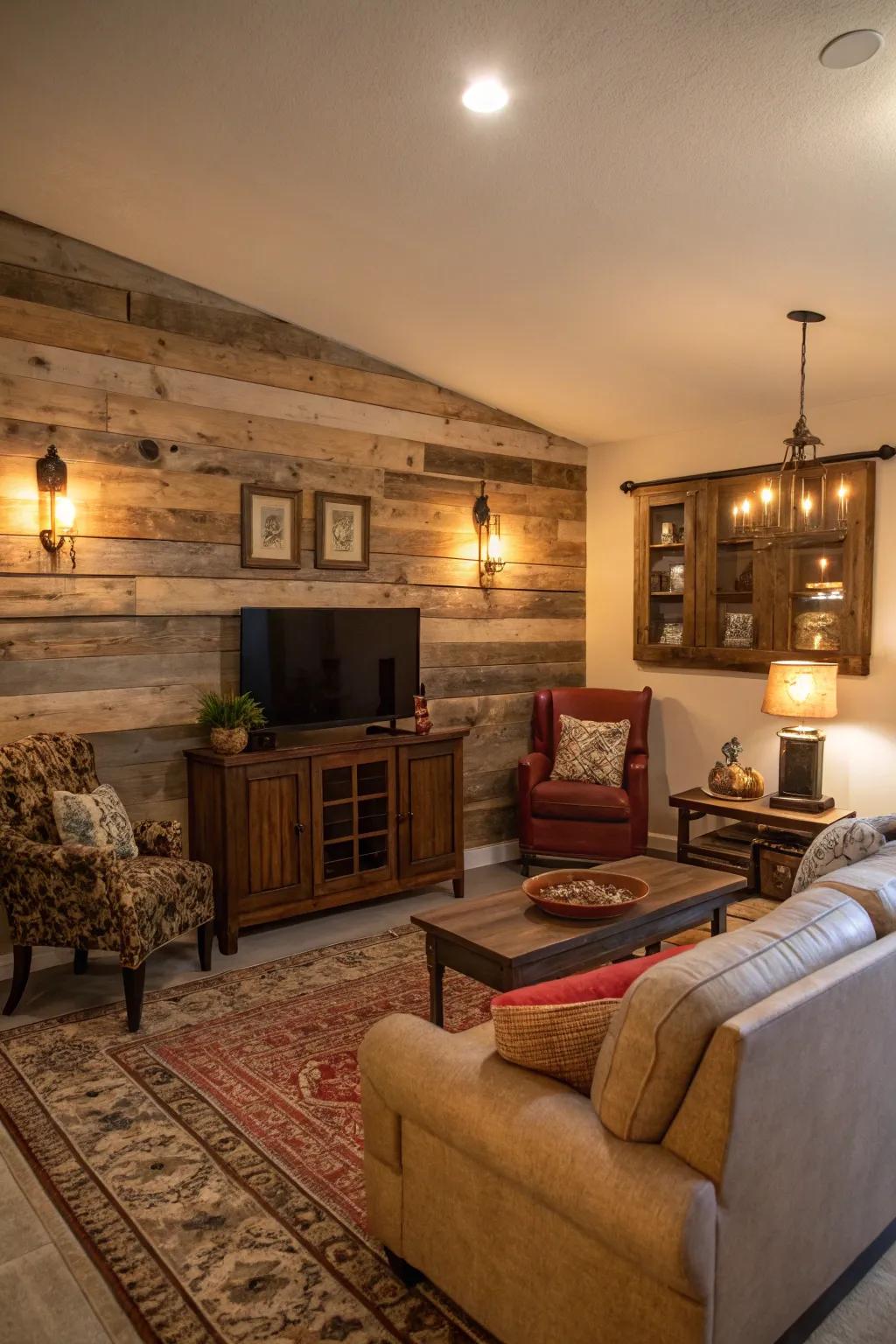 A cozy living room featuring a reclaimed wood accent wall.