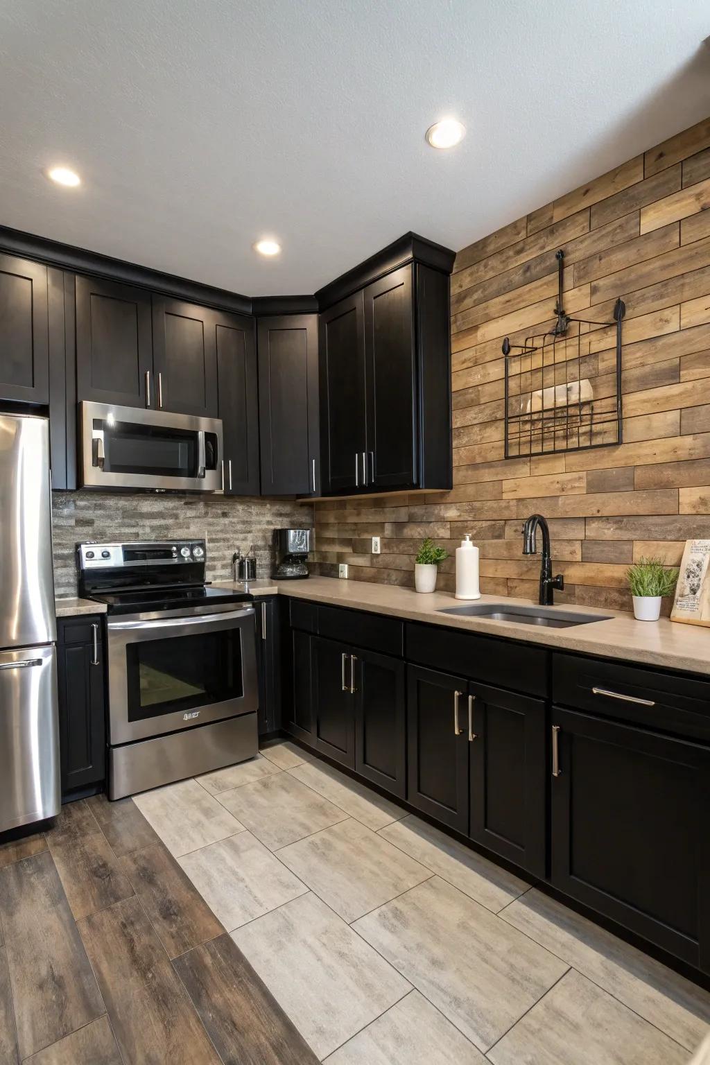 A modern kitchen featuring a durable and stylish wood look tile backsplash.