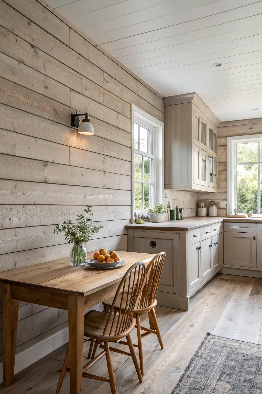 Farmhouse-style kitchen with wide-board shiplap paneling.