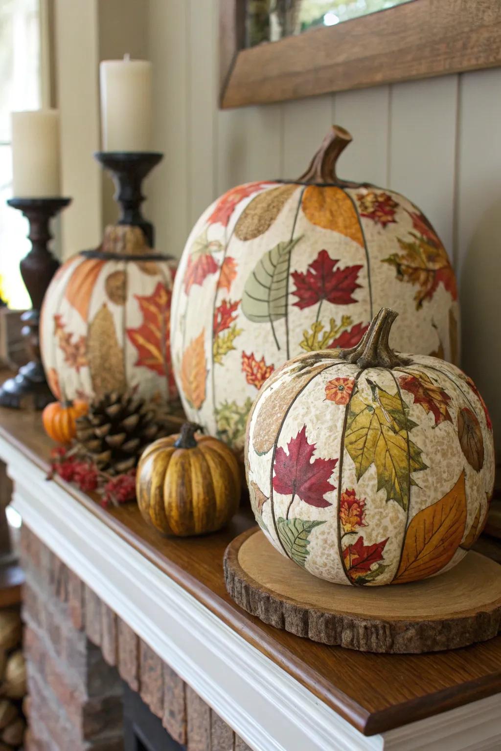 Elevate your decor with decoupage wooden pumpkins.